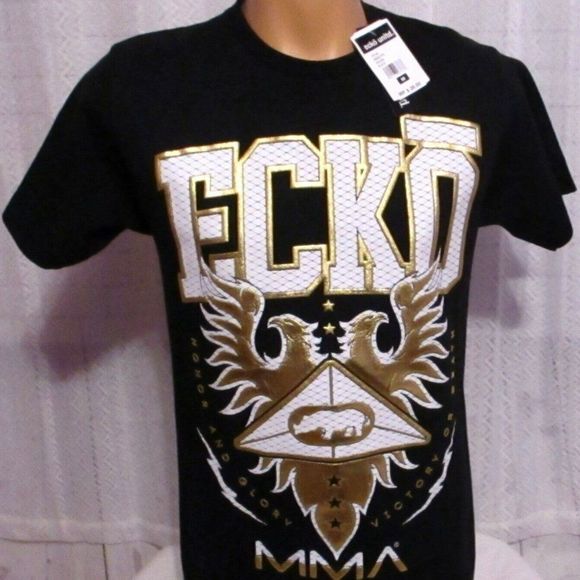 Ecko UNLTD USA Size Medium Black T-Shirt Raised Gold Foil with Back Prints - Picture 1 of 3